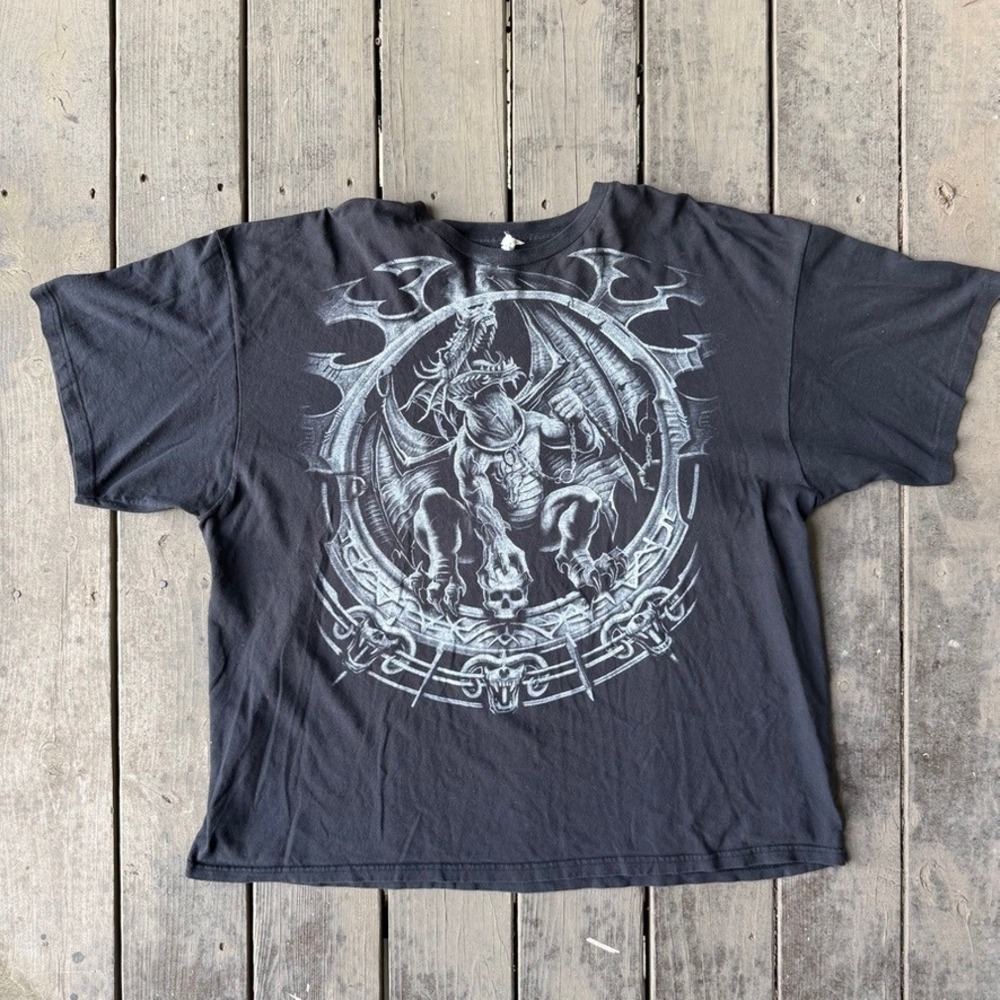 Vintage 2001 Liquid Blue Dragon Catcher T-Shirt Y2K Skull Graphic Black Tee